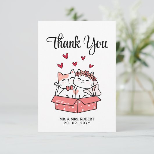 かわいい猫の花嫁と花婿の結婚式　ありがとう サンキューカード (スタンド正面)