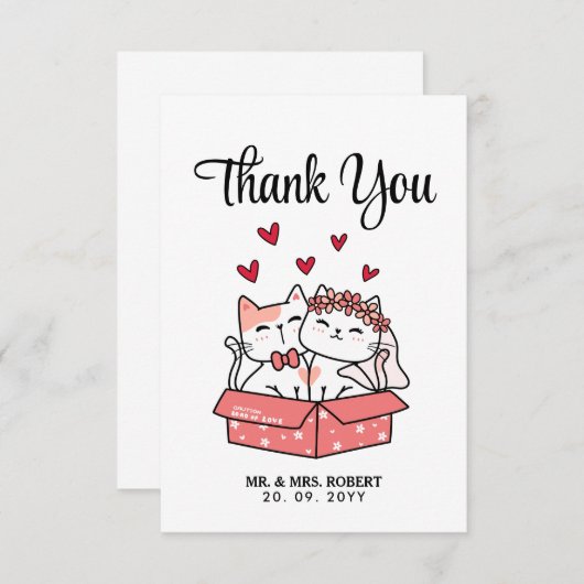 かわいい猫の花嫁と花婿の結婚式　ありがとう サンキューカード (正面/裏面)