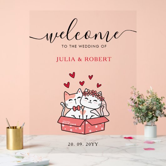 かわいい猫の花嫁結婚と花婿 アクリルサイン (ウェディング)