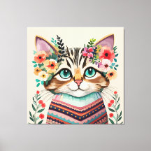 かわいい猫の花模様水彩画