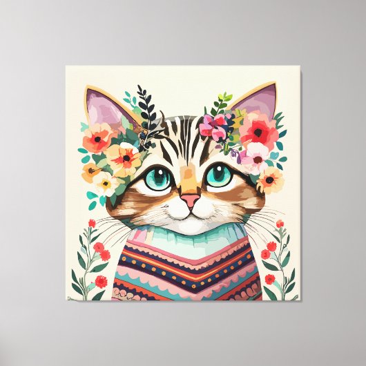 かわいい猫の花模様水彩画 キャンバスプリント (正面)