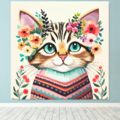 かわいい猫の花模様水彩画 キャンバスプリント (インサイチュ (ウッドフロア))