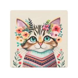 かわいい猫の花模様水彩画 メタルプリント