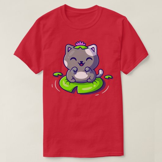 かわいい猫の葉の上に座って漫画のベクトルアイコンIllus Tシャツ (デザイン正面)