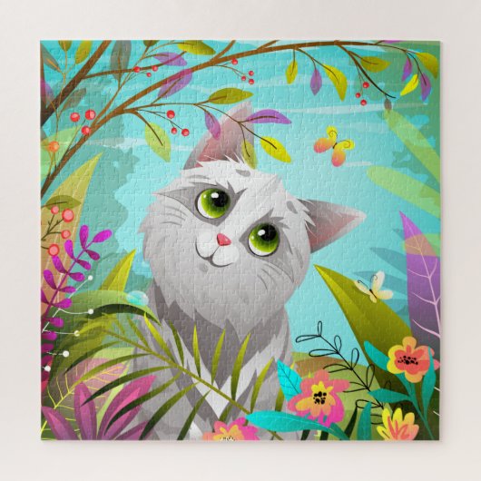 かわいい猫の蝶々と花のパズル ジグソーパズル (縦)