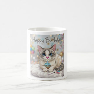 かわいい猫の誕生日おめでとうカップケーキ ブルー系 コーヒーマグカップ