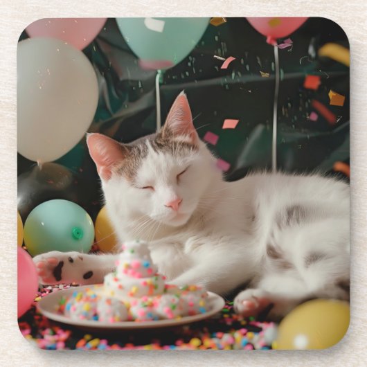 かわいい猫の誕生日お祝いデザイン コースター (正面)