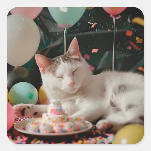 かわいい猫の誕生日お祝いデザイン スクエアシール (正面)
