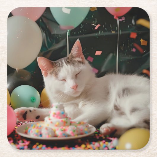 かわいい猫の誕生日お祝いデザイン スクエアペーパーコースター (正面)