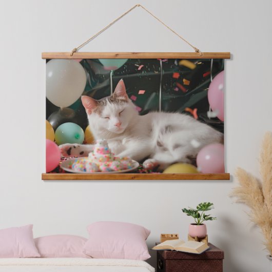 かわいい猫の誕生日お祝いデザイン 吊り下げ型タペストリー (寝室)