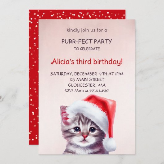 かわいい猫の誕生日の招待状。 招待状 (正面/裏面)