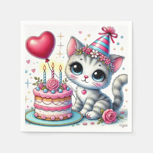 かわいい猫の誕生日ケーキ スタンダードカクテルナプキン (正面)