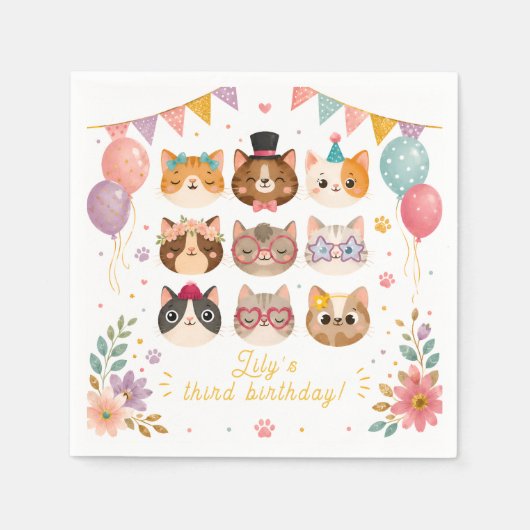 かわいい猫の誕生日ナプキン スタンダードカクテルナプキン (正面)