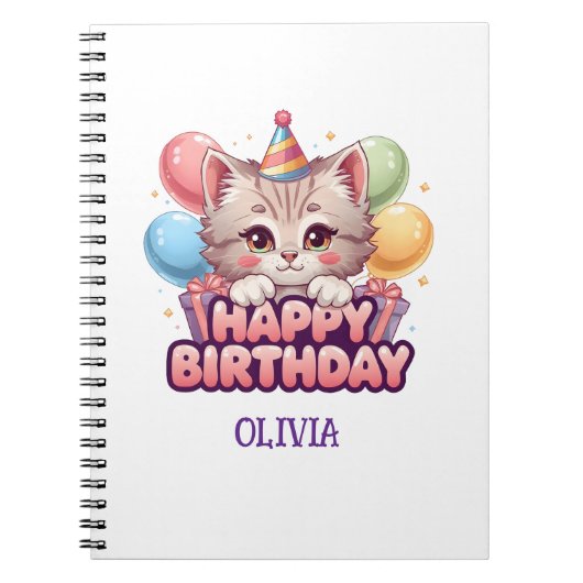 かわいい猫の誕生日パーソナライズドガールズ ノートブック (正面)