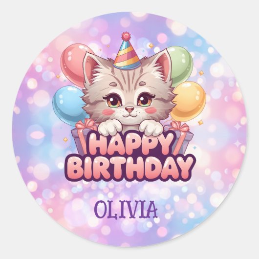 かわいい猫の誕生日パーティーグッズ ラウンドシール (正面)