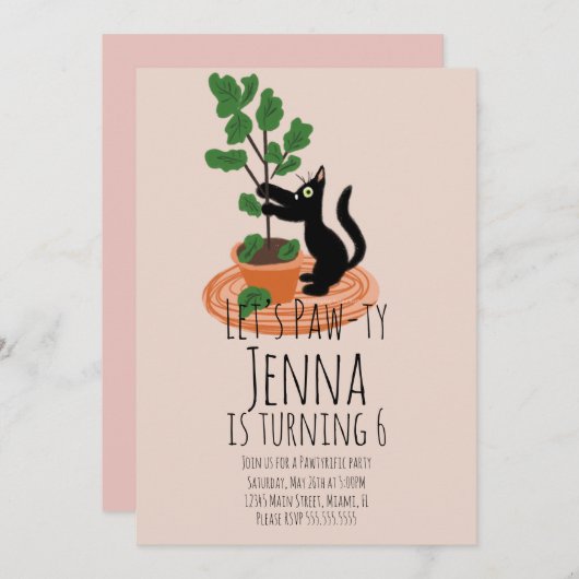 かわいい猫の誕生日パーティーブラックピンク招待状 招待状 (正面/裏面)