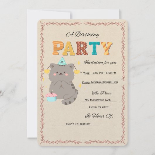 かわいい猫の誕生日パーティー招待状テンプレート 招待状 (正面)