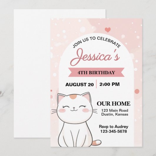 かわいい猫の誕生日パーティー 招待状 (正面/裏面)