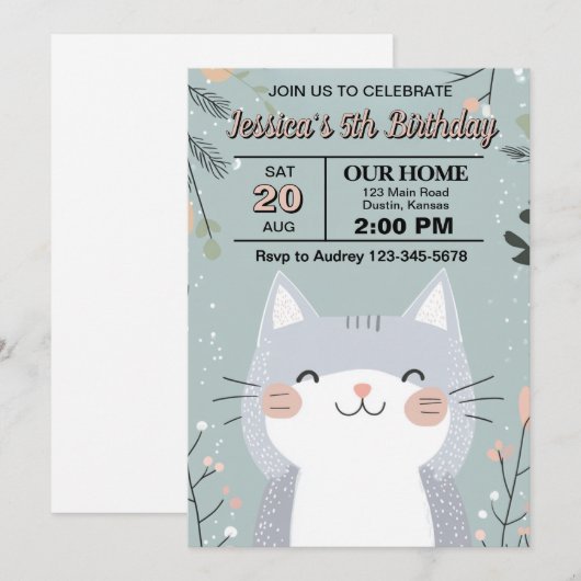 かわいい猫の誕生日パーティー 招待状 (正面/裏面)