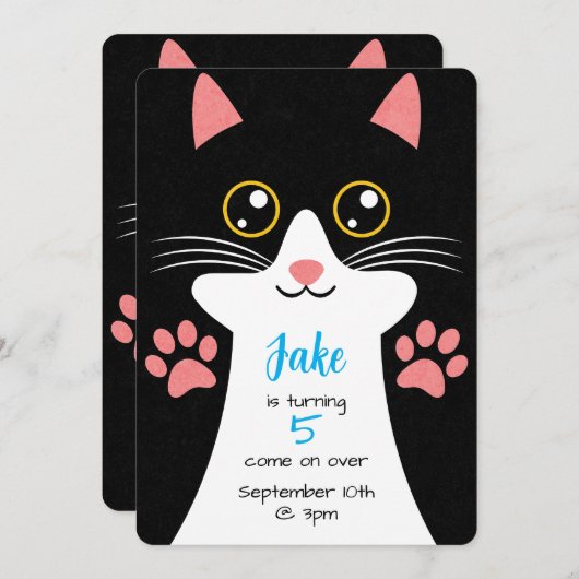 かわいい猫の誕生日招待。編集可能文字。 招待状 (正面/裏面)