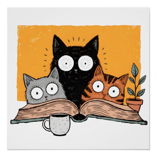 かわいい猫の読書イラスト ポスター (正面)