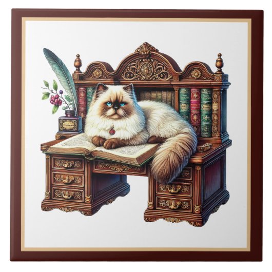 かわいい猫の読書コーナー図書館の本好き タイル (正面)