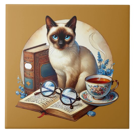かわいい猫の読書コーナー図書館の本好き タイル (正面)