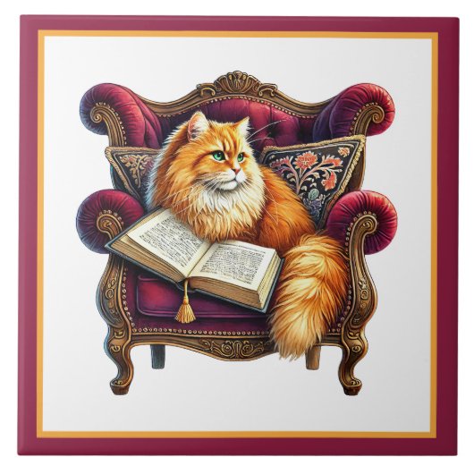 かわいい猫の読書コーナー図書館の本好き タイル (正面)