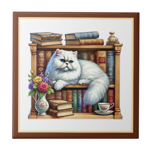 かわいい猫の読書コーナー 本好き ライブラリー タイル (正面)