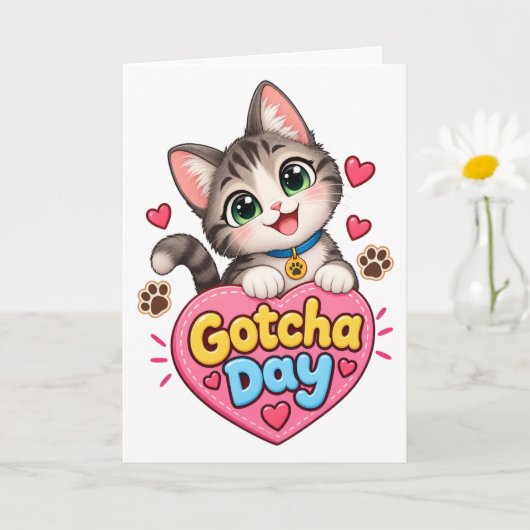かわいい猫の譲渡記念日 カード (小さな植物)