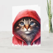 かわいい猫の赤いフード付きスウェットシャツ水彩挨拶 カード (正面)