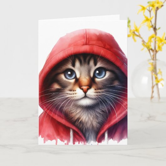 かわいい猫の赤いフード付きスウェットシャツ水彩挨拶 カード (黄色い花)