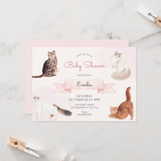 かわいい猫の赤ちゃんシャワー 招待状 (正面/裏面インサイチュ)
