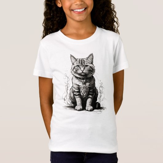かわいい猫の鉛筆スケッチ Tシャツ (正面)