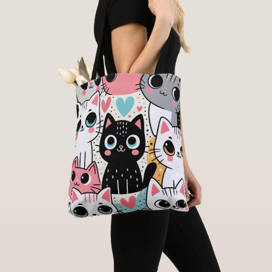 かわいい猫の顔とハートのウィズマルデザイン トートバッグ (クローズアップ)
