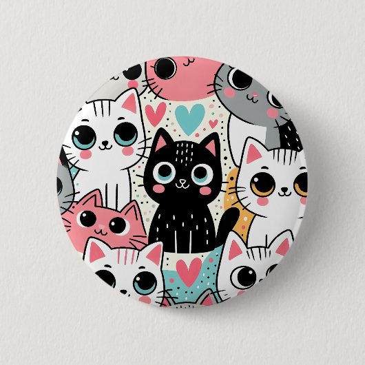 かわいい猫の顔とハートのウィムシカルデザイン 缶バッジ (正面)