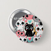 かわいい猫の顔とハートのウィムシカルデザイン 缶バッジ (正面&裏面)