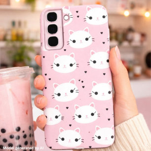 かわいい猫の顔とハート - ピンクのキュートなパターン SAMSUNG GALAXY S22+ケース