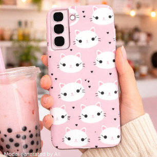 かわいい猫の顔とハート - ピンクのキュートなパターン SAMSUNG GALAXY S22+ケース