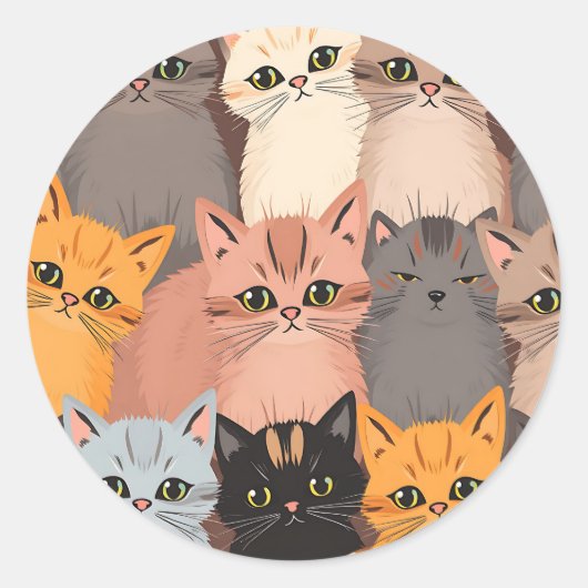 かわいい猫の顔のイラストパターン ラウンドシール (正面)