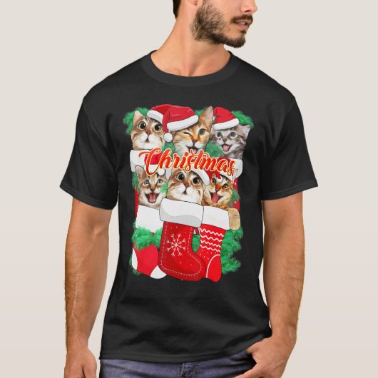かわいい猫の顔の表情 クリスマス猫 Tシャツ (正面)