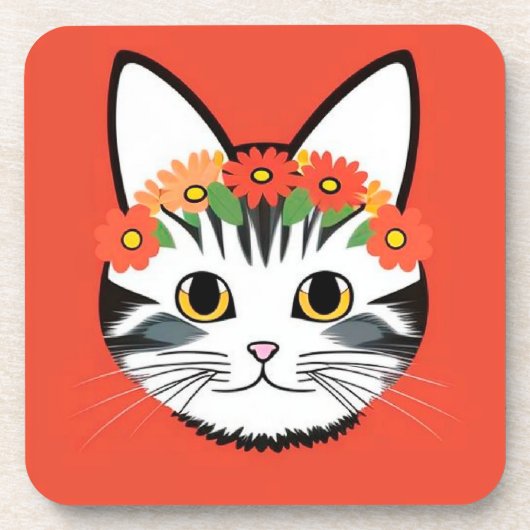 かわいい猫の顔の鮮やかなイラスト コースター (正面)