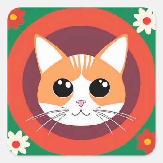 かわいい猫の顔の鮮やかなイラスト スクエアシール (正面)
