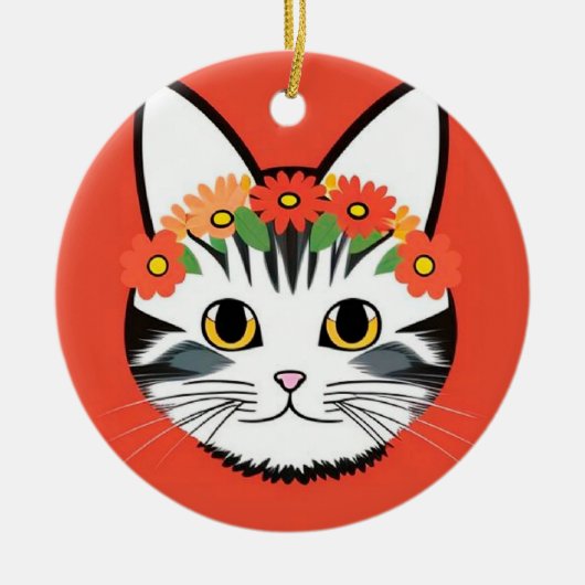 かわいい猫の顔の鮮やかなイラスト セラミックオーナメント (正面)