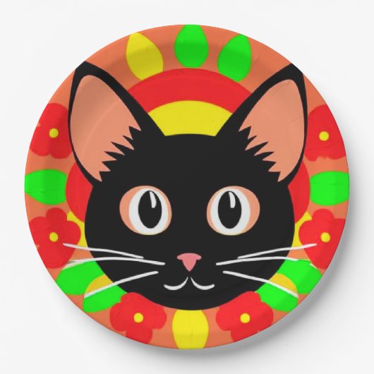 かわいい猫の顔の鮮やかなイラスト ペーパープレート (正面)