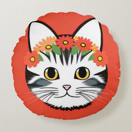 かわいい猫の顔の鮮やかなイラスト ラウンドクッション (正面)
