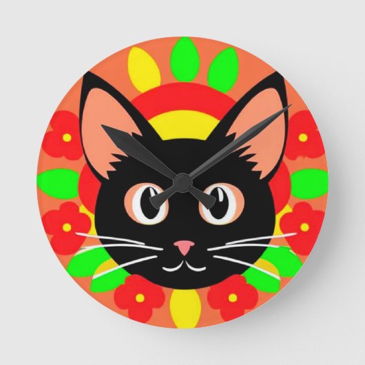 かわいい猫の顔の鮮やかなイラスト ラウンド壁時計 (正面)