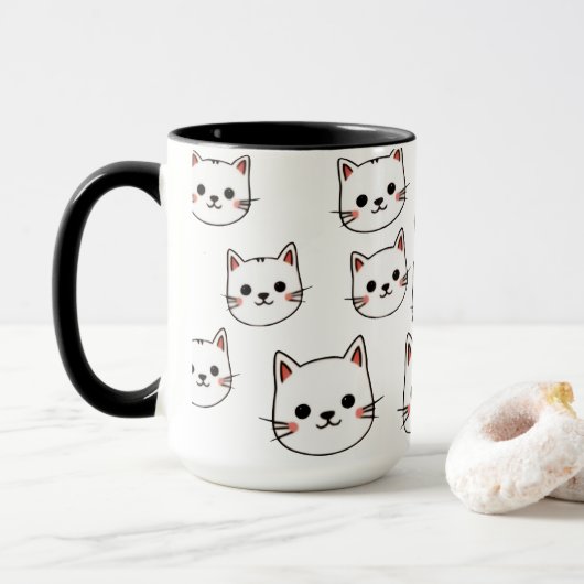 かわいい猫の顔 - シンプルなカートゥーン柄 マグカップ (ドーナツ付き)