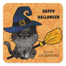 かわいい猫の魔女とハロウィンの箒