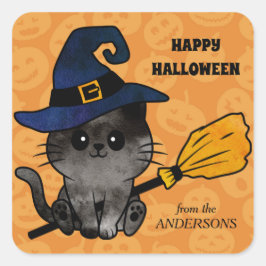 かわいい猫の魔女と箒ハロウィン スクエアシール